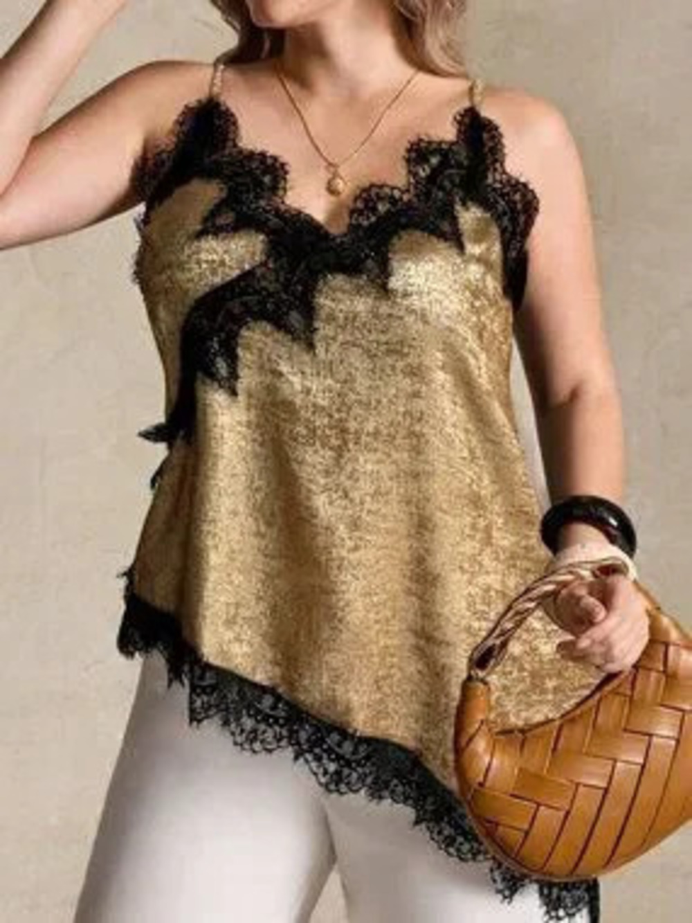 Black Casual Women's Lace Trim Metallic Fabric Camisole